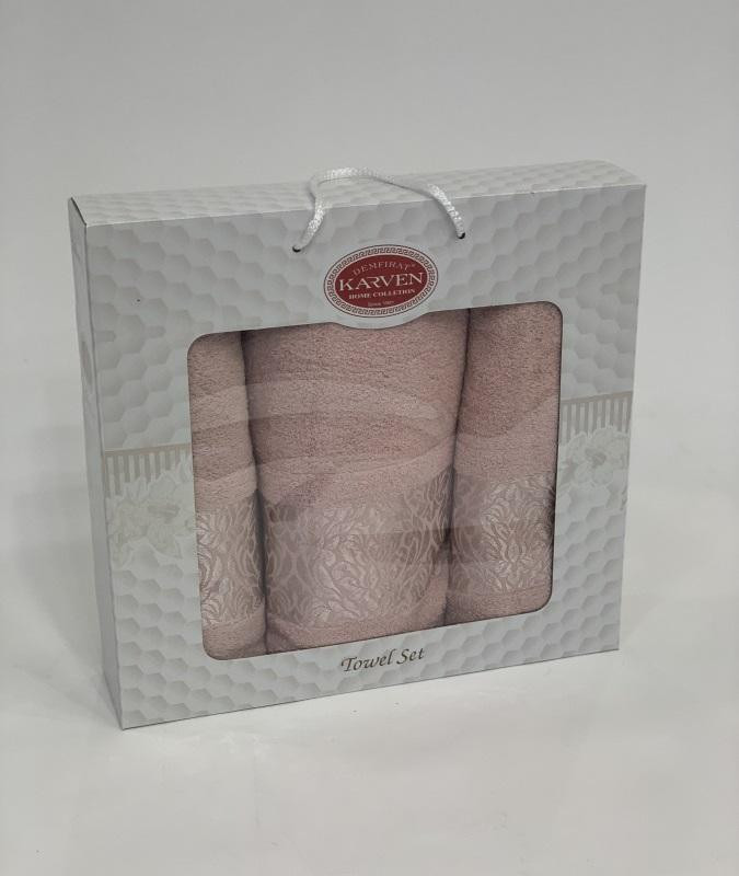 Набор полотенец махровых хлопковых KARVEN HS1694 INDIA DAMAKS V7 светлая пудра 50х90 (2шт), 70х140 (1шт)