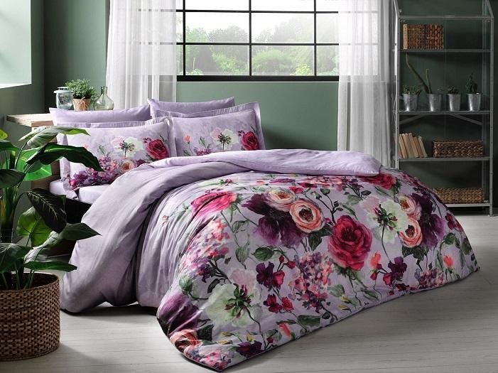 Постельное белье из сатина TAC DELUX PREMIUM DIGITAL FLOREALE лиловое евро