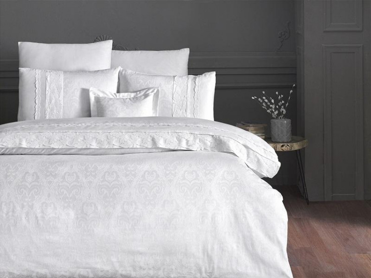 Постельное белье из жаккарда с кружевом KARVEN N009 APRIL KREM 50х70 (4шт), 40х40 (1шт) евро