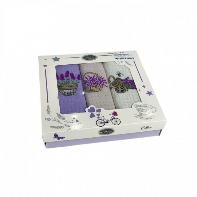 Набор кухонных полотенец вафельных хлопковых KARVEN HM746 ЛАВАНДА В КАШПО V10 40х60 (3шт)