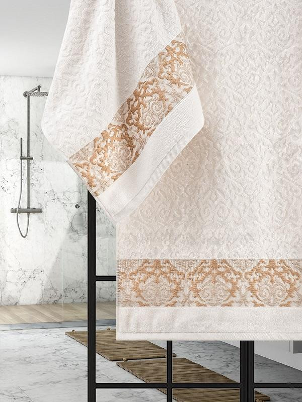 Комплект хлопковых махровых полотенец KARNA BOND кремовый 50х90 (1шт) и 70х140 (1шт)