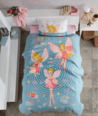 Покрывало детское из хлопка стеганое KARVEN Y923/1 POWER GIRL V1 TURKUAZ 180х240 с наволочкой 50х70