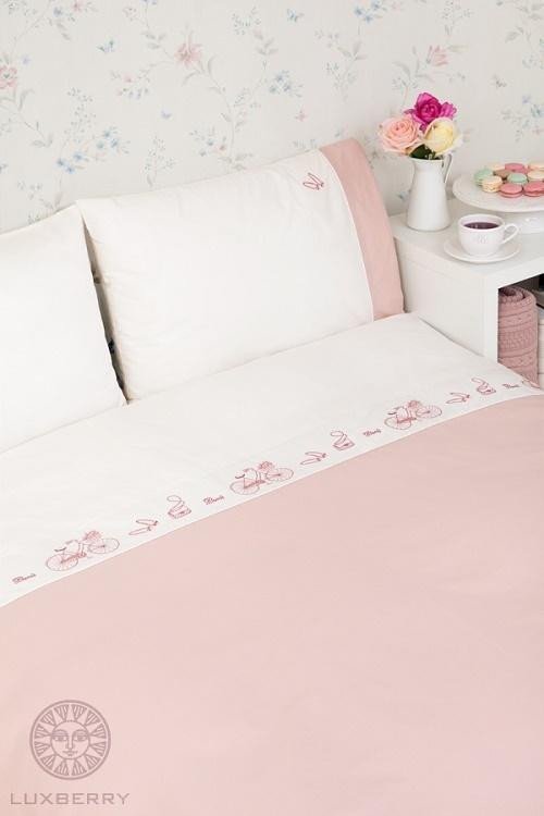 Постельное белье с простыней на резинке BOVI 05034 PARIS розовое-экрю 1,5-спальное