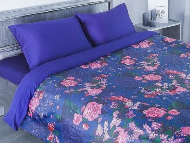 Постельное белье из мако-сатина ЭТЕЛЬ ПИОНЫ синее 1,5-спальное