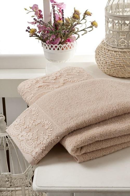 Набор махровых полотенец с гипюром KARNA ELINDA бежевый 50х90 (1шт) и 70х140 (1шт)