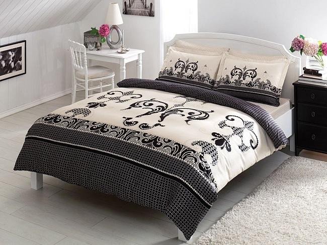 Постельное белье из сатина TAC DELUX ELEGANCE JADEN кремово-черное евро