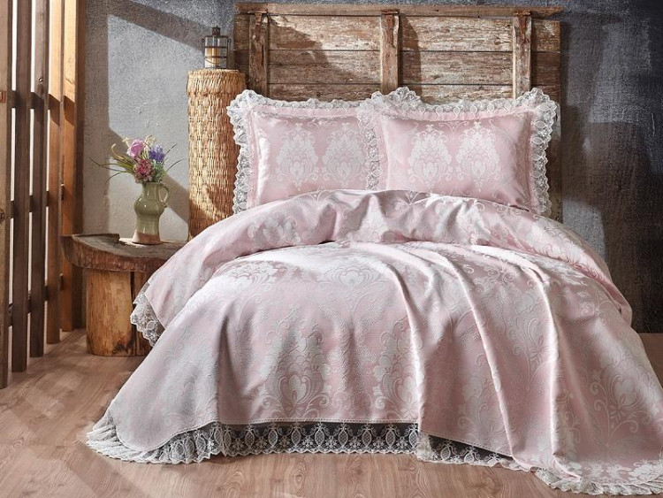 Покрывало с гипюром и наволочками из элитного жаккарда KARNA BEGONYA пудра 260х260