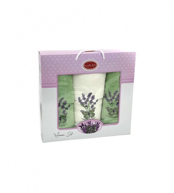 Набор полотенец махровых хлопковых KARVEN HS1611 LAVANTA KELEBEK V10 кремовый-зеленый 50х90 (2шт), 70х140 (1шт)