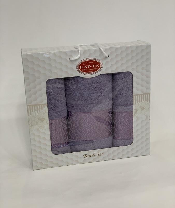 Набор полотенец махровых хлопковых KARVEN HS1694 INDIA DAMAKS V6 светло-лиловый 50х90 (2шт), 70х140 (1шт)