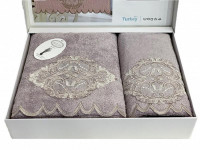 Набор полотенец махровых бамбуковых с гипюром в коробке KARVEN HS1716 DAMASK V4 лиловый 50х90 (1шт), 70х140 (1шт)