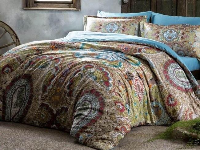 Постельное белье из сатина TAC DELUX PREMIUM DIGITAL PAISLEY бирюзовое семейное