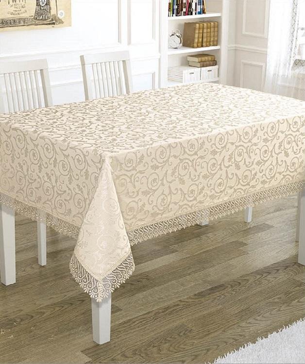 Скатерть жаккардовая с гипюром KARNA KDK бежевая 140x180
