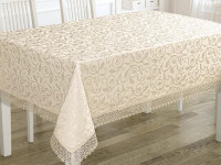 Скатерть жаккардовая с гипюром KARNA KDK бежевая 160x300
