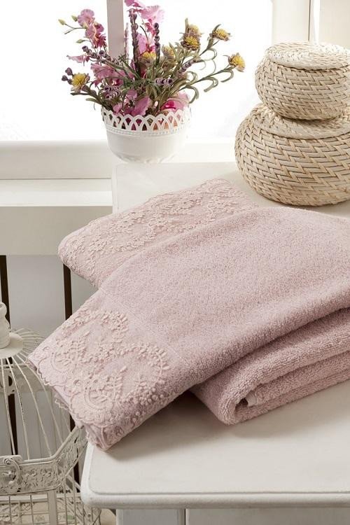 Набор махровых полотенец с гипюром KARNA ELINDA пудра 50х90 (1шт) и 70х140 (1шт)