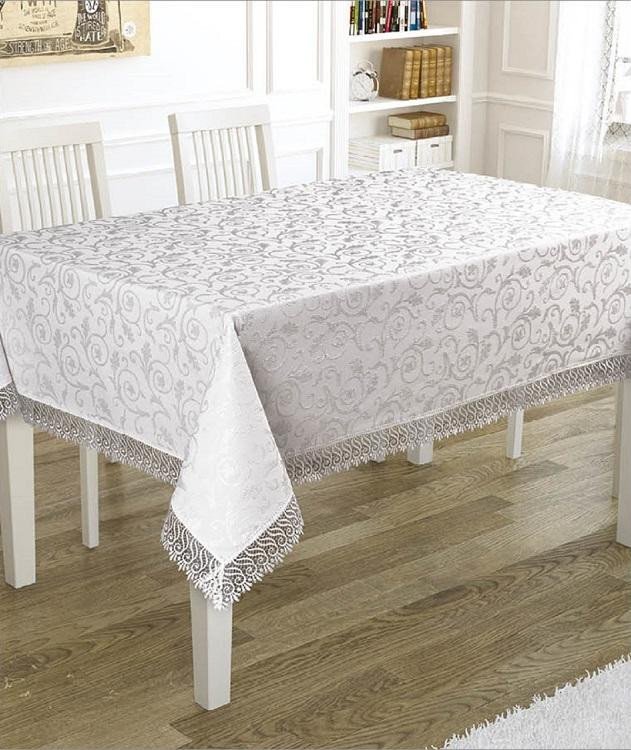 Скатерть жаккардовая с гипюром KARNA KDK белая 140x180