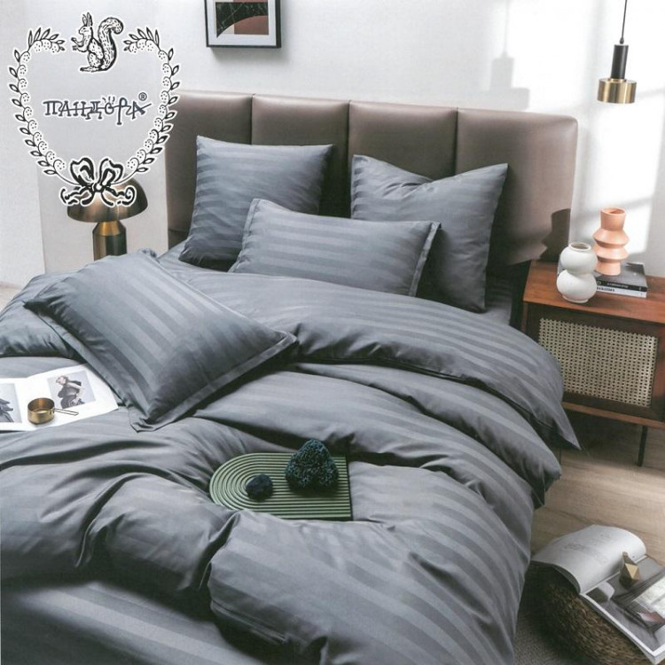 Постельное белье из страйп-сатина ПАНДОРА темно-серое семейное