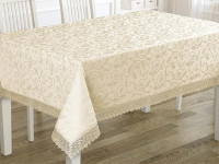 Скатерть жаккардовая с гипюром KARNA KDK кремовая 160x220