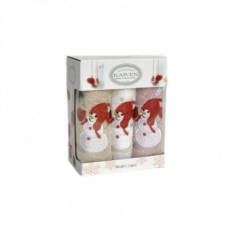 Набор кухонных полотенец махровых хлопковых KARVEN HM737 НОВЫЙ ГОД V1 СНЕГОВИКИ 30х50 (3шт)
