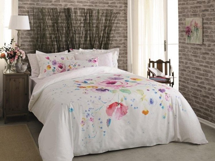 Постельное белье из сатина люкс TAC DELUX PREMIUM DIGITAL CLEMATIS пудра 1,5-спальное