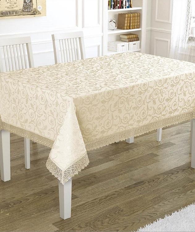 Скатерть жаккардовая с гипюром KARNA KDK кремовая 160x300