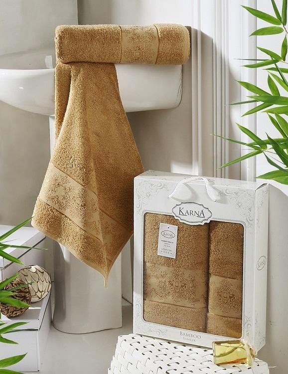 Комплект бамбуковых полотенец KARNA PANDORA горчичный 50х90 (1шт) и 70х140 (1шт)
