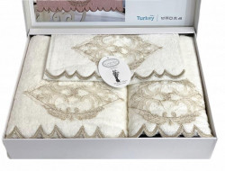 Набор полотенец махровых бамбуковых с гипюром в коробке KARVEN HS1717 DAMASK V2 кремовый 30х50 (1шт), 50х90 (1шт), 70х140 (1шт)