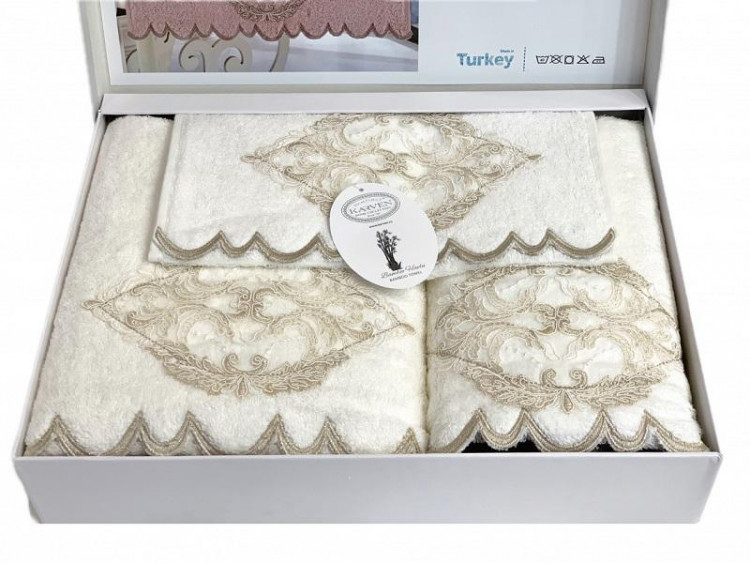 Набор полотенец махровых бамбуковых с гипюром в коробке KARVEN HS1717 DAMASK V2 кремовый 30х50 (1шт), 50х90 (1шт), 70х140 (1шт)
