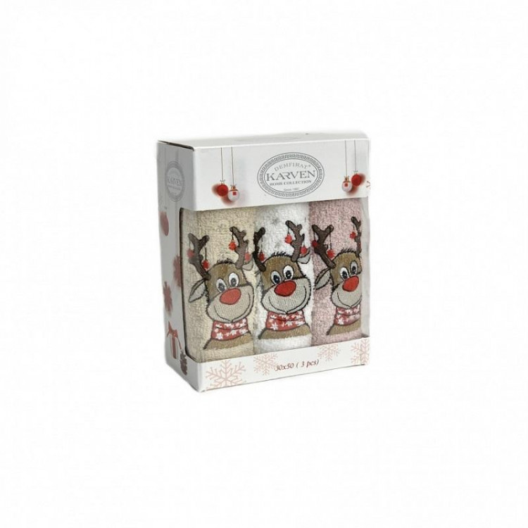 Набор кухонных полотенец махровых хлопковых KARVEN HM737 НОВЫЙ ГОД V3 ОЛЕНИ 30х50 (3шт)