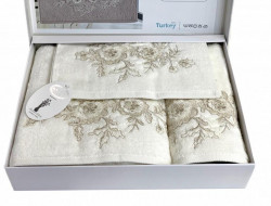 Набор полотенец махровых бамбуковых с гипюром в коробке KARVEN HS1717 FLOWERS V2 кремовый 30х50 (1шт), 50х90 (1шт), 70х140 (1шт)