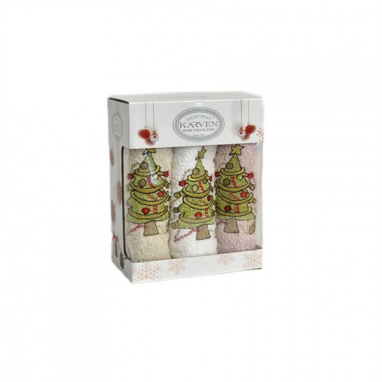 Набор кухонных полотенец махровых хлопковых KARVEN HM737 НОВЫЙ ГОД V4 ЕЛКИ 30х50 (3шт)