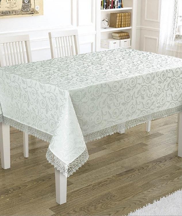 Скатерть жаккардовая с гипюром KARNA KDK ментол 160x300
