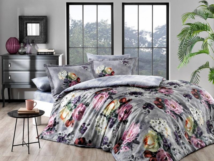 Постельное белье из сатина люкс TAC DELUX PREMUIM DIGITAL SELVA серое евро