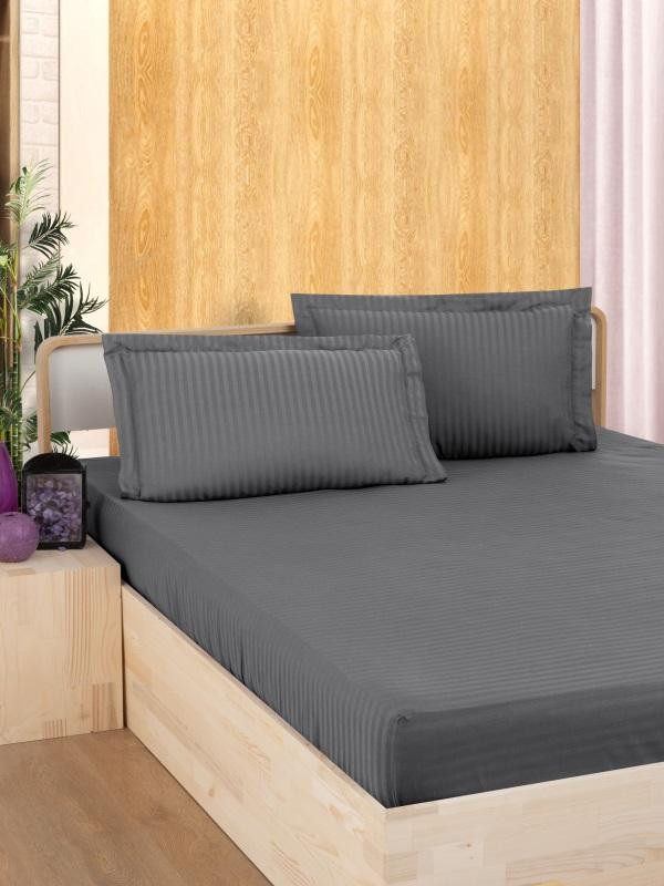 Простыня на резинке из страйп-сатина KARVEN P935 антрацит 100х200х33 с наволочкой 50х70