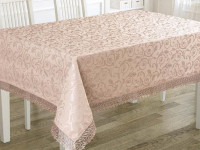 Скатерть жаккардовая с гипюром KARNA KDK пудра 160x220