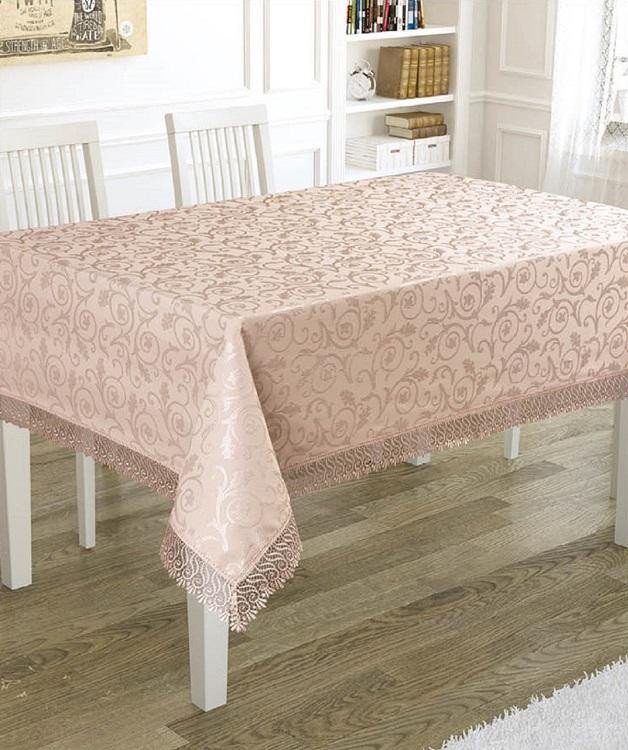 Скатерть жаккардовая с гипюром KARNA KDK пудра 160x220
