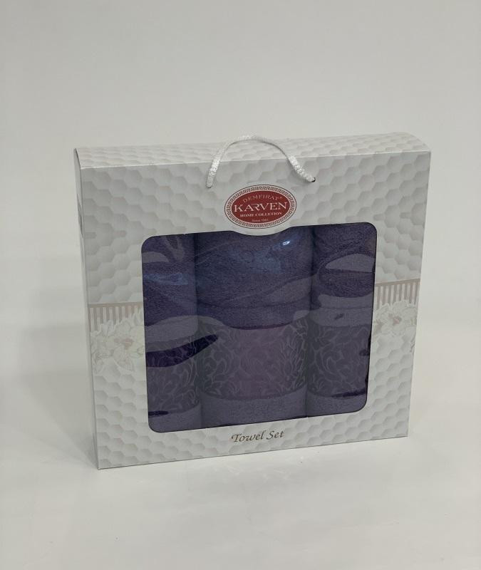 Набор полотенец махровых хлопковых KARVEN HS1694 INDIA DAMAKS V8 темно-лиловый 50х90 (2шт), 70х140 (1шт)