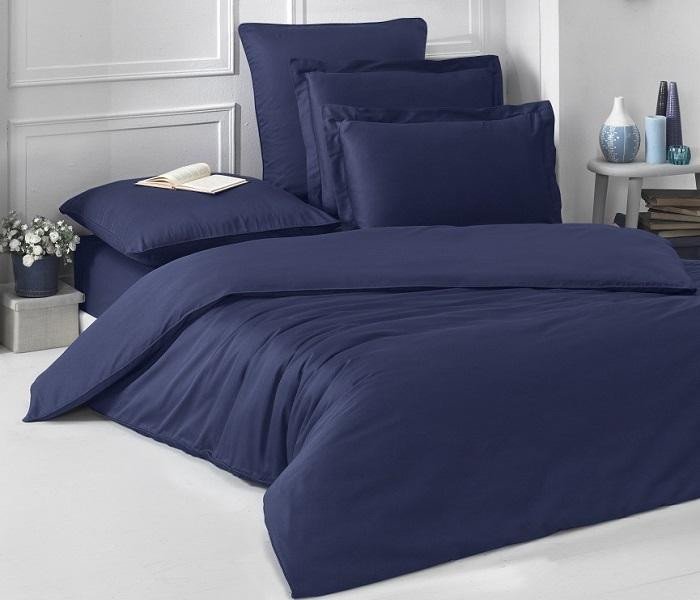 Постельное белье однотонное из сатина KARNA LOFT темно-синее евро