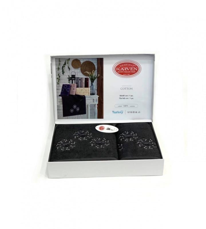 Набор полотенец махровых хлопковых в коробке KARVEN HS1676 KARDELEN V4 антрацит 50х90 (1шт), 70х140 (1шт)