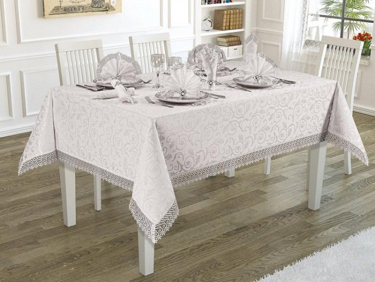 Скатерть с салфетками жаккардовая с гипюром KARNA KDK белая 160x300