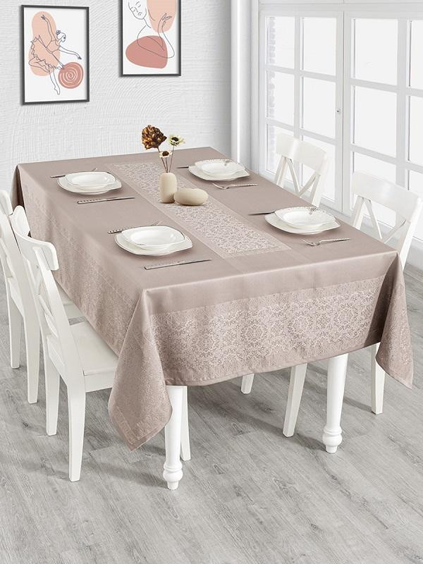 Скатерть влагоотталкивающая из жаккарда KARNA DARVIN кофейная 160x220