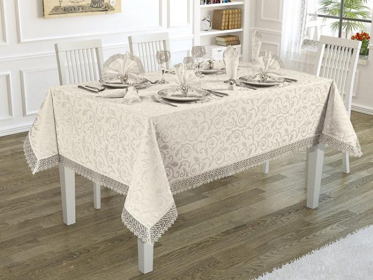 Скатерть с салфетками жаккардовая с гипюром KARNA KDK кремовая 160x300