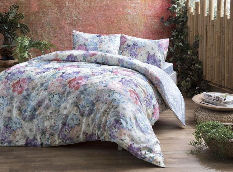 Постельное белье из сатина люкс TAC DELUX PREMUIM DIGITAL JACLYN пудра-голубое 1,5-спальное