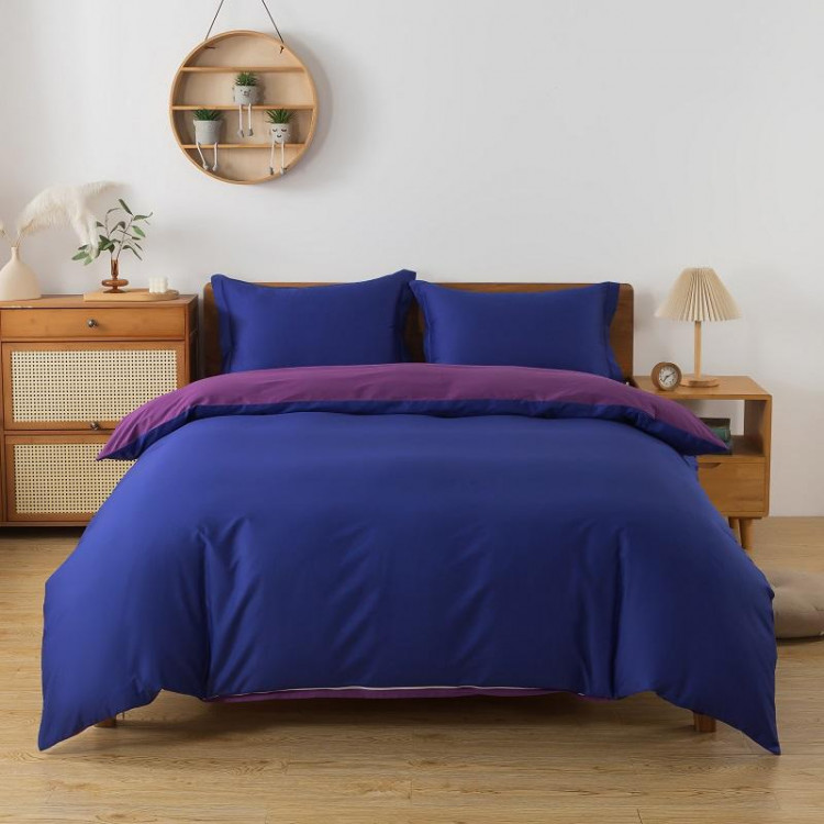 Постельное белье с простыней на резинке из сатина TANGO синее-фиолетовое евро
