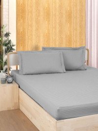 Простыня на резинке из страйп-сатина KARVEN P935 серая 100х200х33 с наволочкой 50х70