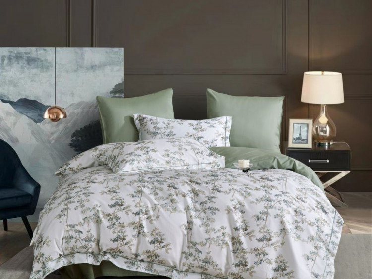 Постельное белье из египетского хлопка Premium ASABELLA Веточки весны 50х70 (1шт) и 70х70 (1шт) 1,5-спальное