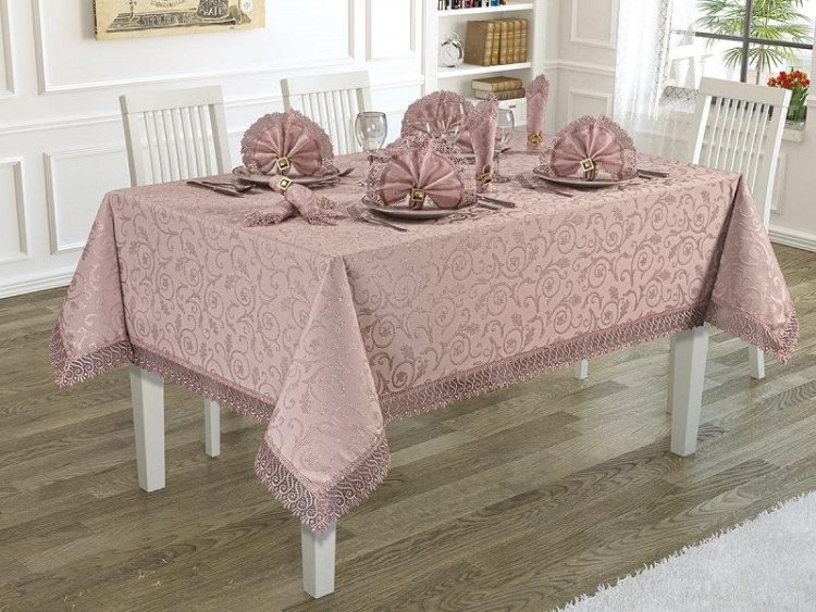 Скатерть с салфетками жаккардовая с гипюром KARNA KDK пудра 160x300