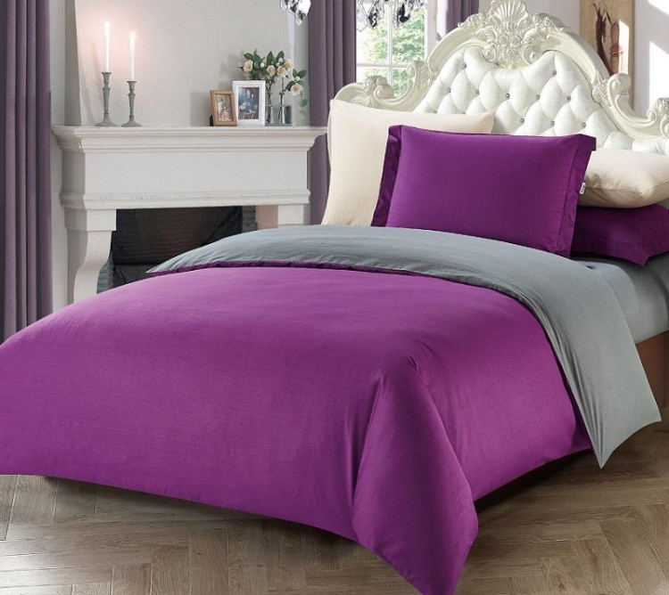 Постельное белье с простыней на резинке из сатина TANGO фуксия-серое евро