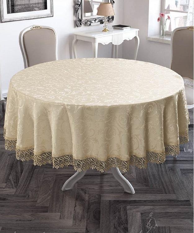 Скатерть жаккардовая с гипюром круглая KARNA KDK бежевая d160