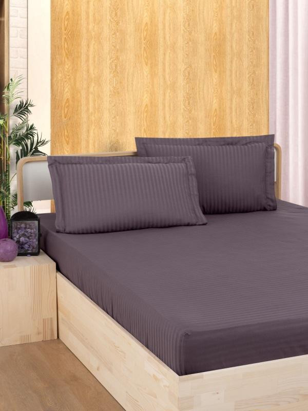 Простыня на резинке из страйп-сатина KARVEN P935 темно-лиловая 100х200х33 с наволочкой 50х70