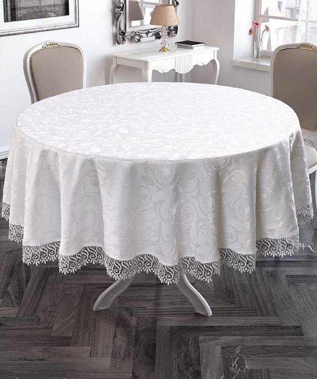 Скатерть жаккардовая с гипюром круглая KARNA KDK белая d160
